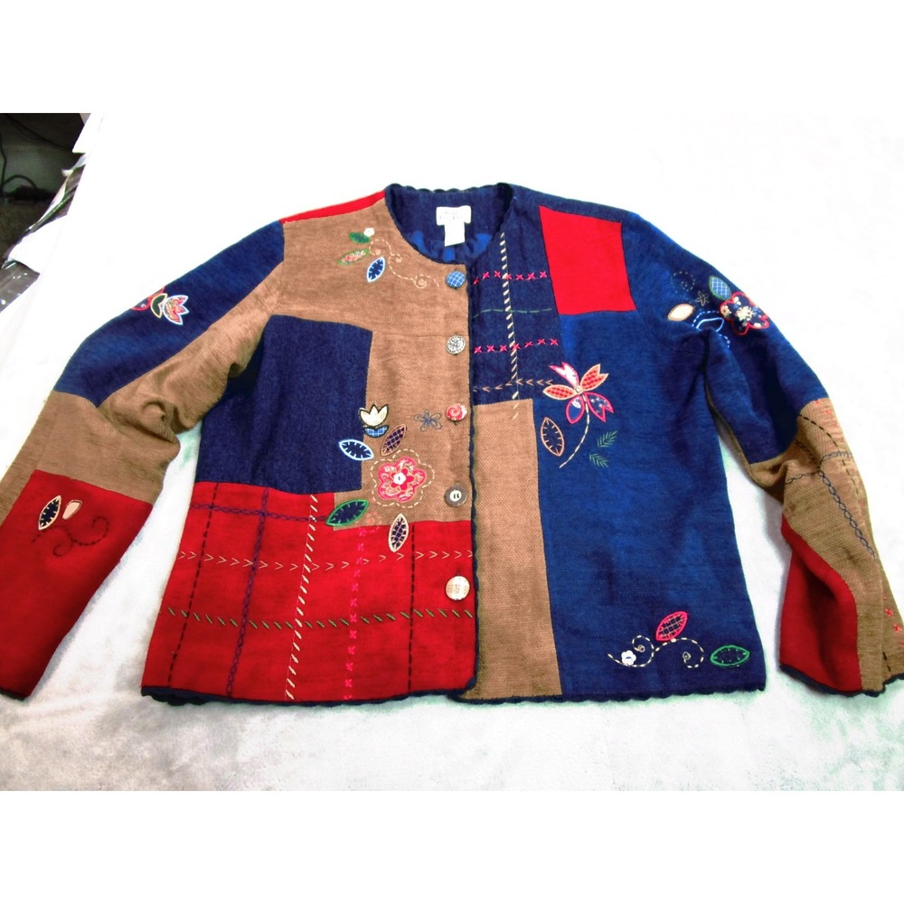 Koret Sweater Womens Large Multicolor Patchwork Floral Embroidered Cardigan